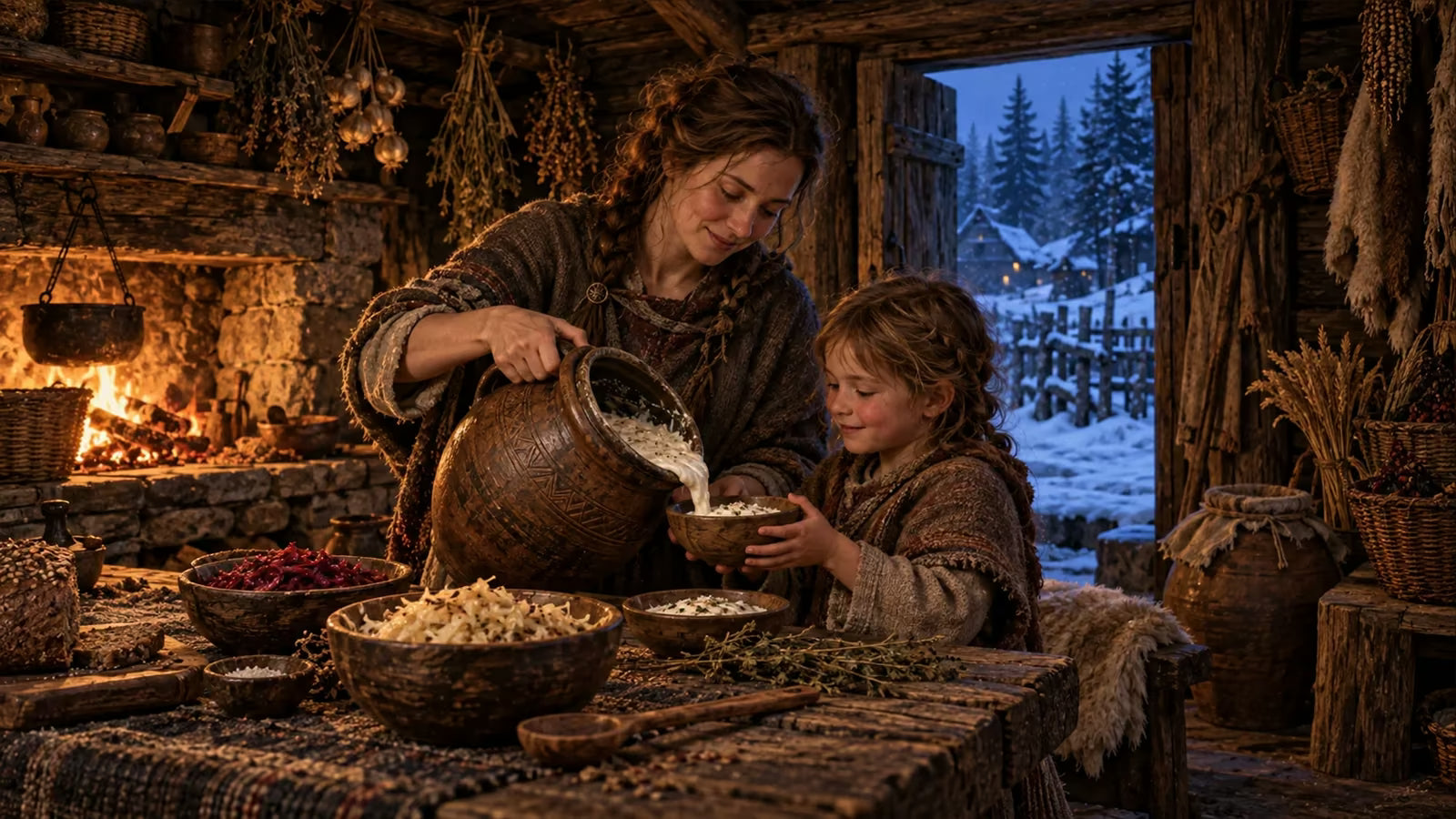 A mother sharing fermented food with her child in a firelit winter kitchen