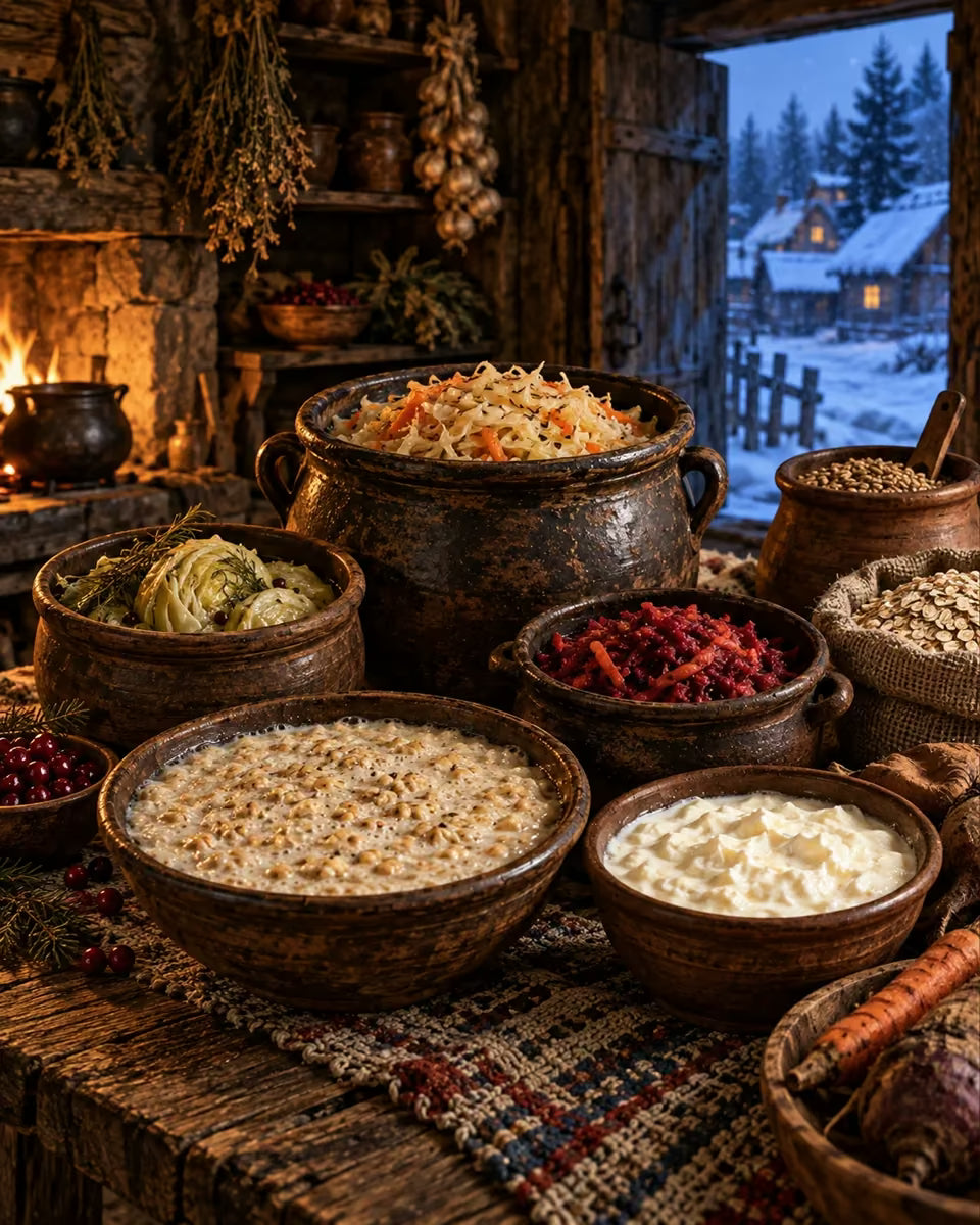 Clay vessels filled with fermented grains, cultured milk and winter vegetables