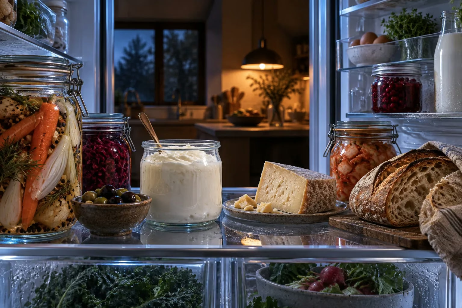 Fermented foods arranged inside a modern refrigerator